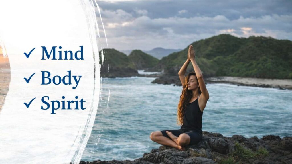 Woman in a yoga pose by the ocean signifying holistic depression treatment centers in Florida