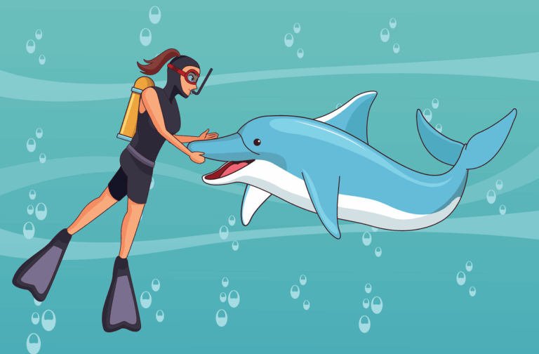 Illustration of a scuba diver underwater interacting with a dolphin