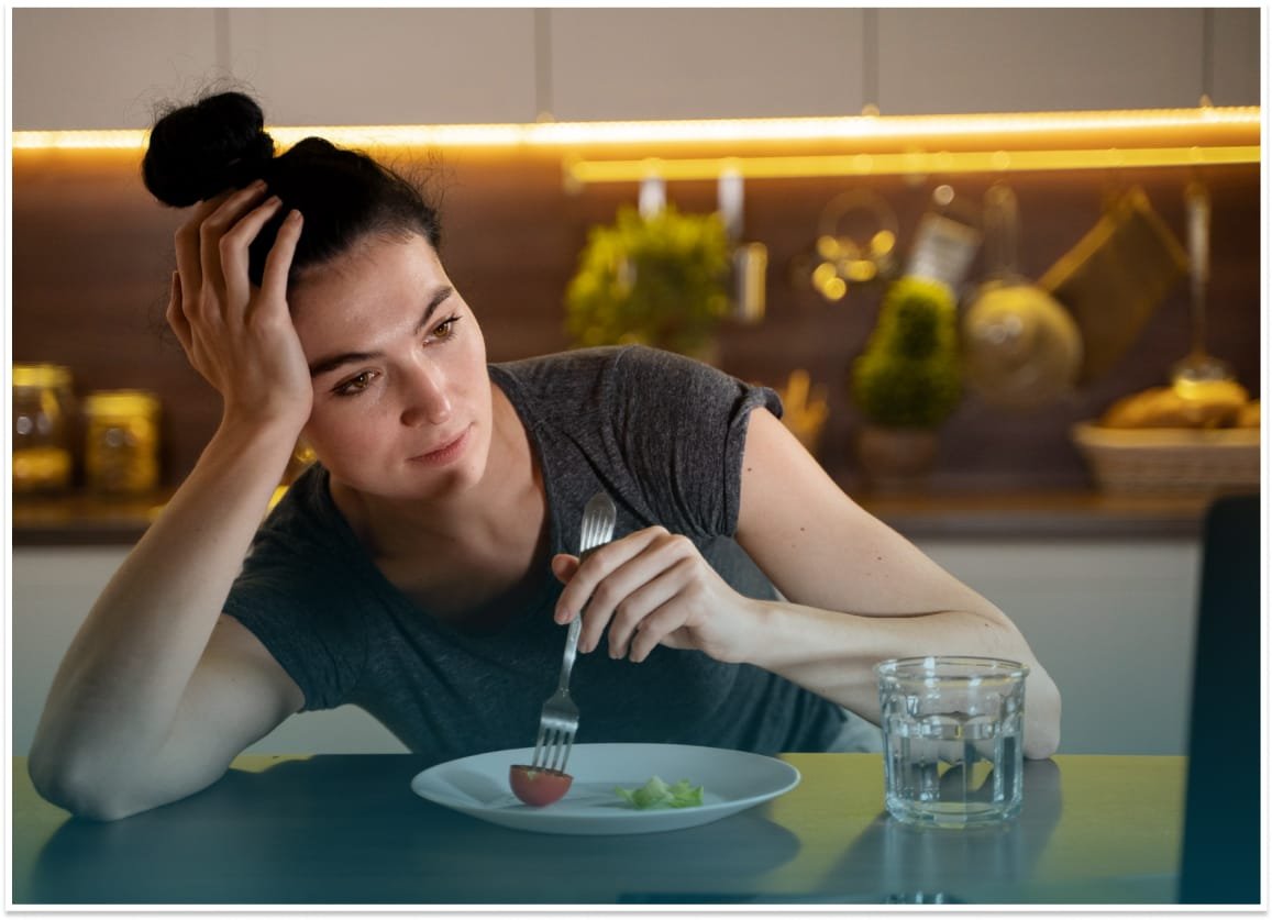 Emotional portrayal of a woman coping with bulimia nervosa pressures.