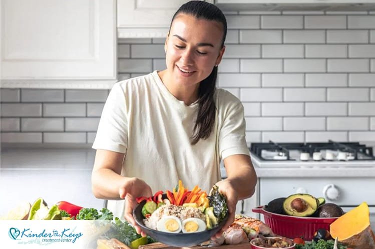 Woman preparing a healthy bowl, showing nutrition’s role in easing anxiety.
