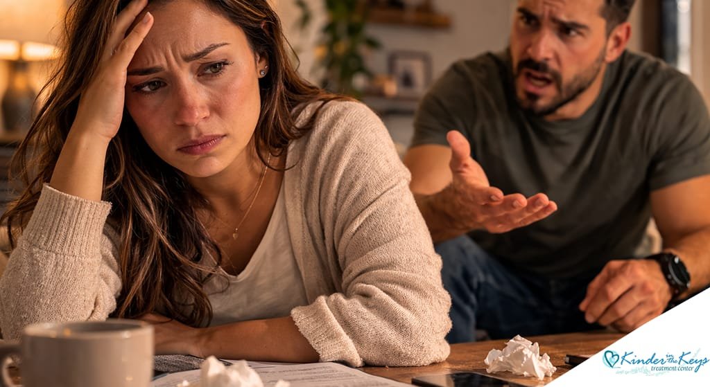 Upset woman sitting at a table during an argument while a frustrated man gestures behind her, illustrating relationship conflict and emotional stress.