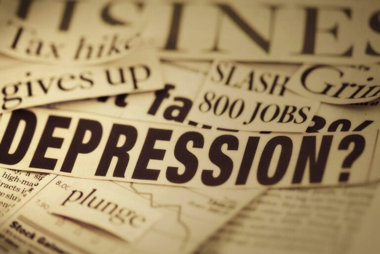 Newspaper headlines with the word depression prominently displayed