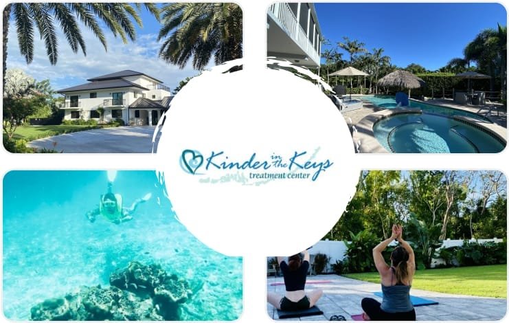 Collage showing a tropical home, swimming pool, underwater swimmer, and two people practicing yoga, with the Kinder in the Keys treatment center logo in the center