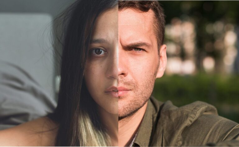 A composite image showing half of a woman’s face merged with half of a man’s face. Their expressions are neutral, and the visual split symbolizes contrast and interconnectedness—reflecting gender differences, shared emotional experiences, or mental health dynamics.