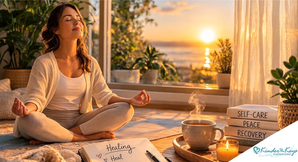 Woman meditating cross-legged indoors at sunrise near a window with candles, tea, and a journal about healing, self-care, and recovery.
