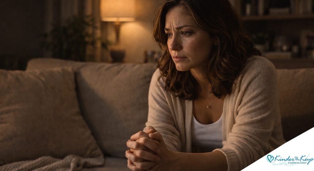 Woman sitting alone on a couch at night with hands clasped, looking worried and deep in thought in a dimly lit living room.
